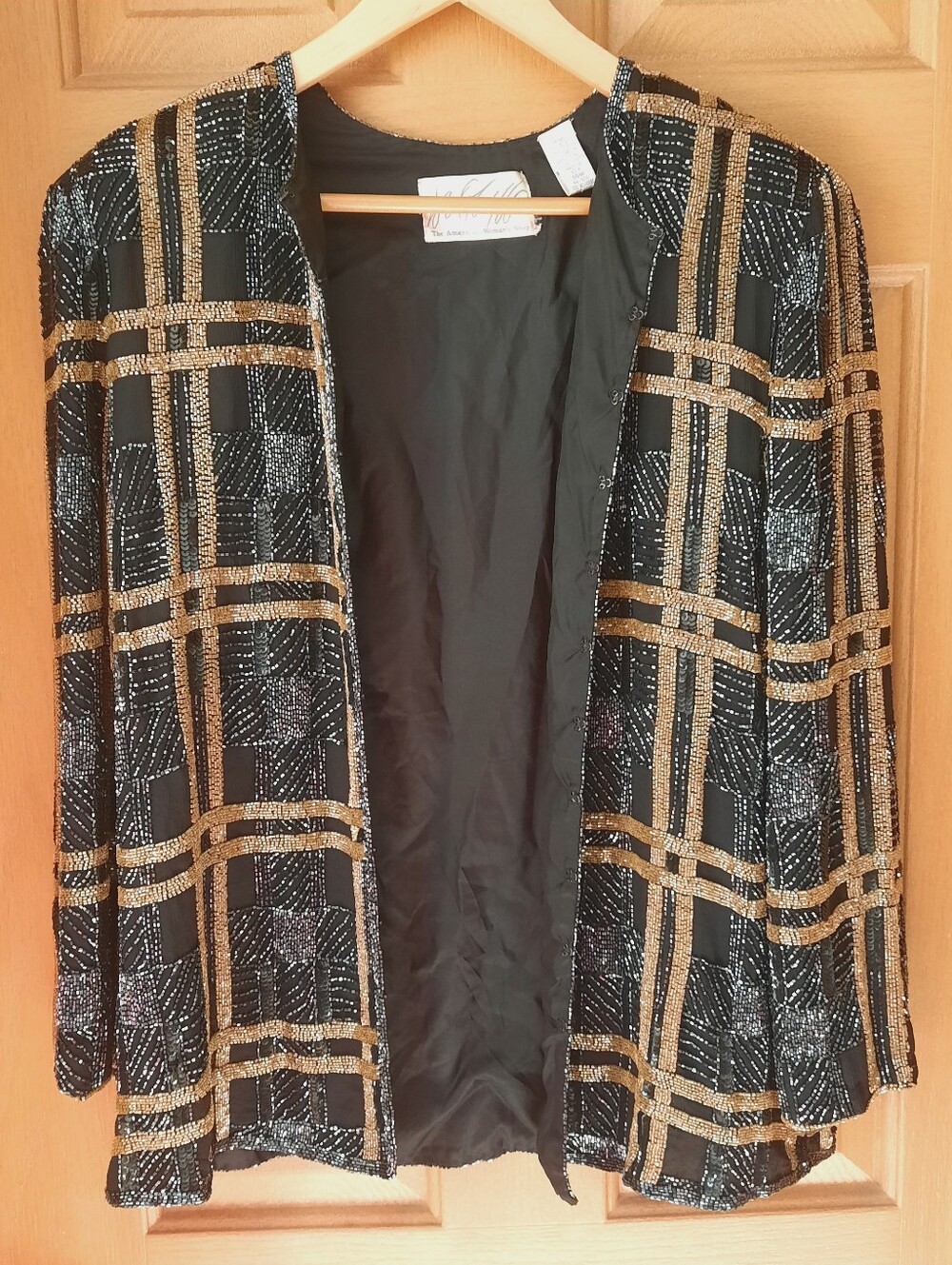VTG Lord & Taylor Beaded Silk Jacket 14W Plaid Sequin Trophy Blazer Evening 80s